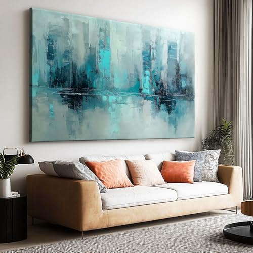 Leinwandbild XXL 120x80cm - Abstraktes Stadtbild Türkis Blau - Moderne Wandbilder für Wohnzimmer & Schlafzimmer - Kunstdruck auf Leinwand (Ohne Rahmen)