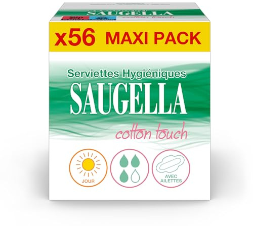 Saugella - Cotton Touch Jour - Serviettes Hygiéniques - Très Absorbantes – Extra-fines - Hypoallergéniques Avec Ailettes - Anti-Odeurs - 56 Serviettes - Lot De 4x14