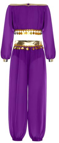 Miutii Mädchen Bauchtanz Kleidung Langarm Crop Top Bauchtanz Oberteile + Haremshose Belly Dance Outfits Bauchtänzerin Indische Tanzkleidung A Lila 146-152
