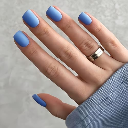SXVME Matte Baby Blue Press on Nails Short Square, Short False Nails Coffin, Natural Velvet Fake Nails Set, Pure Color Full Cover Soft Gel Stick on Nail for Women Fall Winter 24 Pcs