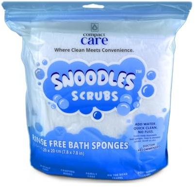 Snoodles Scrubs Rinse-Free Bath Sponges – 25 Pack Soap Infused Disposable No Rinse Bathing Wipes for Adults, Elderly & Post-Surgery – Water Activated Shower Wipes for Camping, Gym & Travel