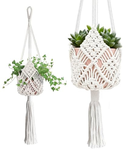 Lucxhcky Set mit 2 Makramee-Blumenampeln aus Baumwollseil, im Bohème-Stil für Blumentöpfe im Innen- und Außenbereich, inklusive einfacher Installationshilfen (weiß)