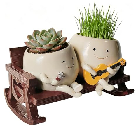 KBIBCK Smily Face Planter Pot, Cute Rocking Chair Plant Pots - Doppelspieler Singen, Funny Resin Flower Head Planter with Drainage Hole, Indoor and Outdoor Succulent Pot for Home Decor Gift