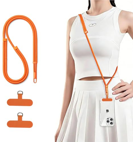 Anfire Handykette Universal für alle Smartphones,Anti Verlust handyband zum umhängen mit 2 Stück Ultradünnem Patch,Kordel Kette für Outdoor, Reise, Einstellbar und Abnehmbar,Orange