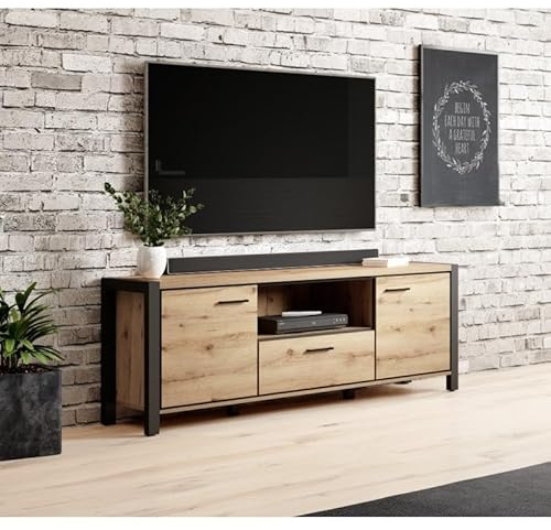 Gamme AKTIA – Mobilier Industriel Bois Naturel & Noir – Ensemble De Meubles Complet Moderne (Buffet, Meuble TV, Vitrine, Table Basse, Table Salon) (L 180 × H 65 × P 41 cm)
