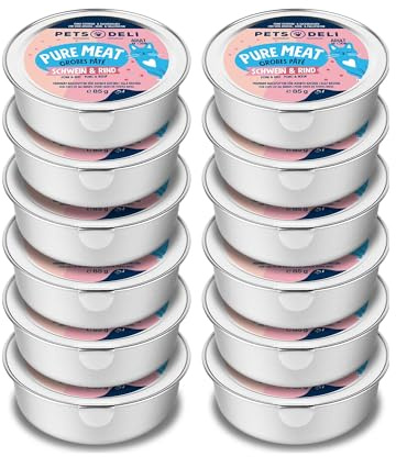 Pets Deli Pure Meat Nassfutter für Katzen mit Schwein & Rind, 12x85g | Hoher Fleischanteil, für ausgewachsene Katzen, ohne künstliche Zusätze, ohne Zucker, Premium Qualität