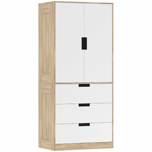 HOMCOM 2 Door Wardrobe with 3 Drawers 50D x 80W x 180Hcm Oak | Hanging Rail, Modern Clothes Storage Cupboard Unit, Bedroom Wardrobe, Soft Closing Hinge