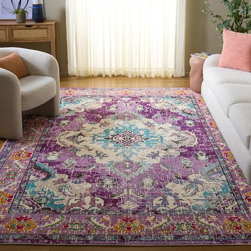 SAFAVIEH Boho Teppich für Wohnzimmer, Esszimmer, Schlafzimmer - Monaco Collection, Kurzer Flor, Violett und Hellblau, 75 x 120 cm
