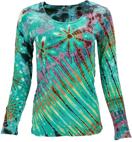 Unikat Batik Shirt, Boho Langarmshirt, elastisch, figurbetont, hellblau | 95 % Viskose, 5 % Elastan, Slim Fit, einzigartiges Batik-Muster, handwaschbar, ideal für Freizeit und besondere Anlässe