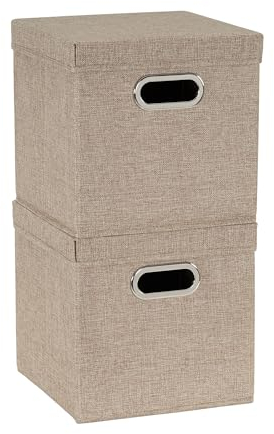 Household Essentials, 802-1, Café, Würfel, Aufbewahrungs-Set mit Deckel und Griffen, 2 Stück, braunes Leinen