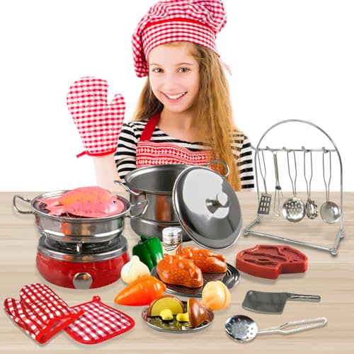 Koolbitz 25 PCS Pretend Play Kitchen Set & Accessories Stainless Steel Pots Pan Apron Cooking Utensils Play Food, Kitchen Toys with Vegetables Gift for Kids