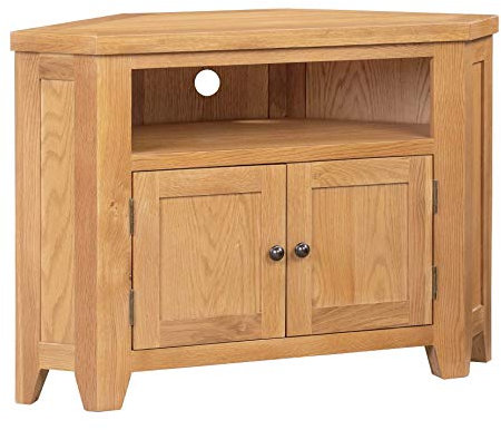 Hallowood Furniture Cotswold Oak Corner TV Unit with Cable Hole & Storage Cupboard, 2-Door Solid Wooden Medium Oak TV Stand Cabinet with 1 Shelf, Corner Unit for Living Room or Bedroom