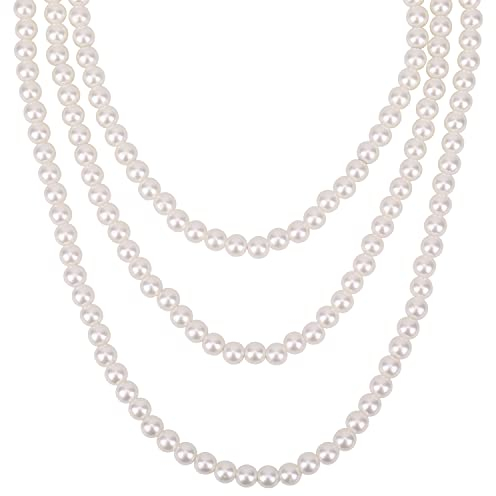 WedDecor Damen Lange Weiß 1920s Künstliches Perlenkette Great Gatsby Tiefer Halsband Perlen Vintage Mode Halskette für Bräute Hochzeit Party Zubehör, 120cms, Set Mit 1
