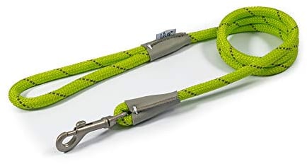 Ancol Viva Reflective Rope and Leather Snap Dog Lead - Lime - Durable Weatherproof Poly Weave Puppy Walking Accessory - 1.07m x 10mm