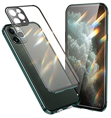 Jonwelsy Funda Compatible con iPhone 11 Pro (5,8), 360 Grados Delantera y Trasera Vidrio Templado Case con Protección Lentes Cámara, Metal Bumper a Prueba de choques Carcasa (Verde Noche)