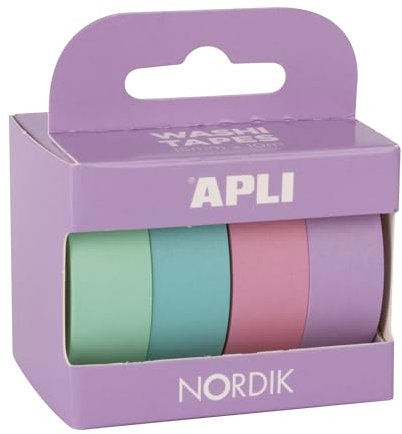 Apli 18816 - Pack de rubans adhésifs décoratifs - Rouleaux de papier adhésif japonais type Washi Tape - Couleurs pastel - 4 rouleaux - Rubans de 15 mm x 15 m - Artisanat/Scrapbooking