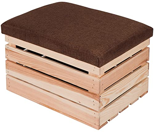 LAUBLUST Sitzhocker mit Stauraum - ca. 50x40x30cm, Natur - Polster Braun | Hocker aus Holz - Sitzbank für Drinnen & Draußen | Aufbewahrungshocker mit Deckel | Sitzpouf & Fußhocker