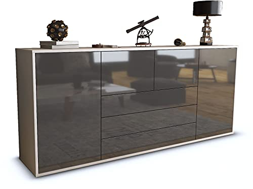 Stil.Zeit Sideboard Abraham, Korpus Weiss matt, Front Hochglanz-Design Grau Graphit (180x79x35cm) Push-to-Open Technik & Leichtlaufschienen