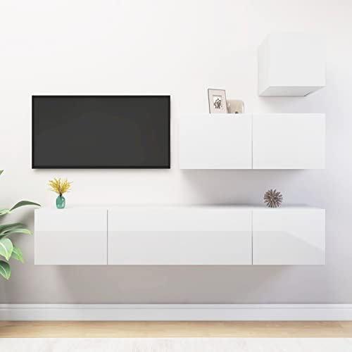 Susany Set Mobile TV 4 pz, Set di Mobili Porta TV, Mobile TV a Parete, Parete Attrezzata da Soggiorno Mobile TV Porta Parete da Soggiorno, Bianco Lucido in Truciolato