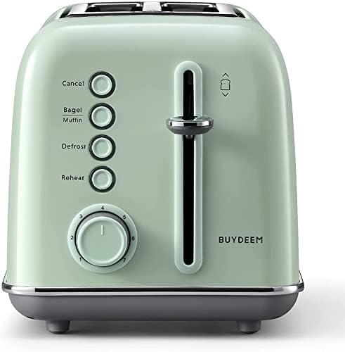 BUYDEEM Retro Toaster 2 Scheiben,7 einstellbare Bräunungsstufen für Sandwich, Bagel, Muffin, Auftau- & Aufwärmfunktion, Herausnehmbares Krümelfach,Edelstahl, 900W, Cozy Green (DT620E)