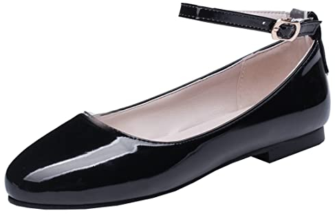 MISSUIT Damen Lack Pumps Riemchen Flach Ballerina Mary Jane Sommer Schuhe(Schwarz,45)