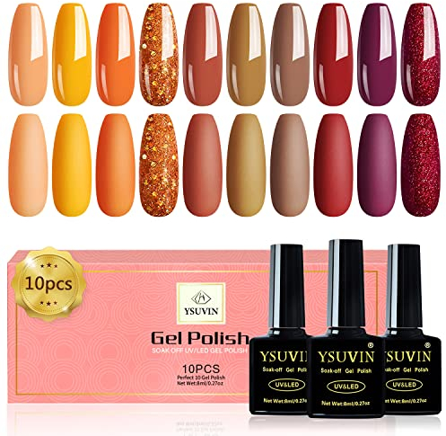 YSUVIN UV Nagellack Orange, 10 Farbe Orange Gelb Rot Burgunderrot Gel Nagellack Herbst Winter UV Gel Nagellack Soak-off UV für Halloween Weihnachten Nagelkunst DIY, 8 ML