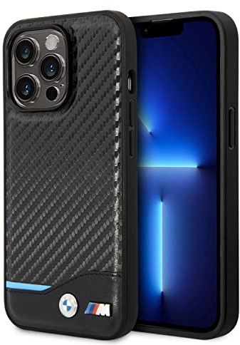 CG MOBILE BMW Handyhülle für iPhone 14 Pro Max in Schwarz mit horizontaler blauer Linie, PU-Kohlefaser-Schutzhülle und langlebige Hülle mit einfachem Snap-on, Stoßdämpfung und charakteristischem Logo