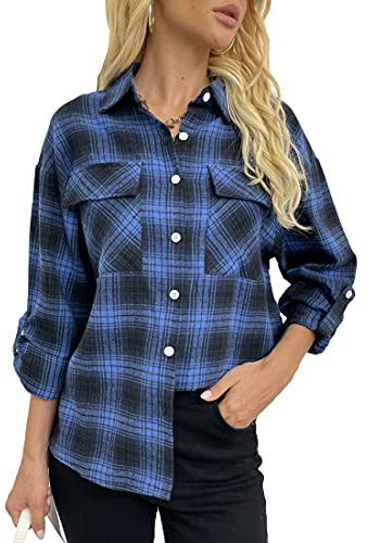 Timathous Chemisier Femme Chemise à carreaux Coton Blouse Manches Longues Chemises avec Bouton et Poche Tops pour Chemise Femme Décontracté, bleu, X-Large