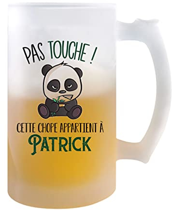 Planetee Chope de bière prénom Patrick avec panda mignon et grognon | Verre à bière pinte Cadeau Apéro Humour alcool