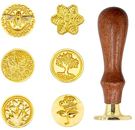 6-teiliges Wachssiegel-Stempel-Set, Vintage-Messing-Siegelwachs-Set für Hochzeitseinladungen, Karten, Umschläge, Geschenkverpackung (Biene, Schmetterling, Rose, Tulpe, Baum, Schneeflocke)