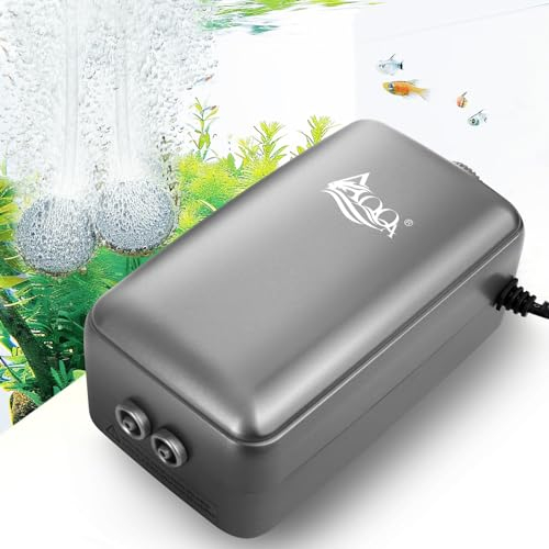 AQQA Aquarium Luftpumpe, ≤ 35dB Extrem Leise Aquarium Sauerstoffpumpe mit Doppel Rückschlagventil Zubehör, für Aquarien bis zu 50-450L (6W)