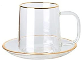 Bicchiere per Acqua Coppia di Bicchieri con piattino Set Trasparente Resistente al Calore per la Colazione Tazza da caffè per la casa (Oro)