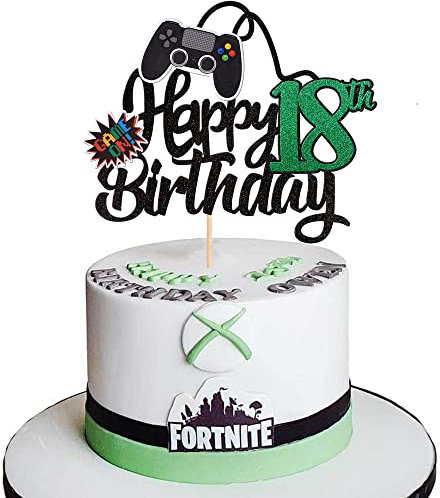 Xsstarmi 1 Pack Video Game Happy 18th Birthday Cake Topper Eighteen Cheers to 18 Years Cake Pick Gamepad Cake Decoration for Video Game Theme Happy 18th Birthday Party Supplies Black