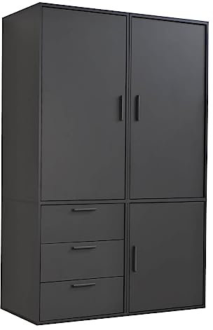 mokebo Kleiderschrank groß in Schwarz 3-türig & 3 Schubladen 'Der Grenzenlose' Schlafzimmerschrank modular & kombinierbar, Garderobenschrank, Flurschrank, Schrank, Drehtürenschrank 120x187x58 (BxHxT)