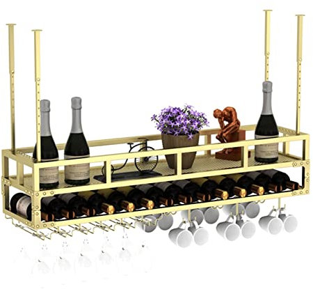 Hängendes Weinregal Deckenmontierter Flaschenhalter, Weinglasregal Becher Stemware Racks Schwebendes Weinregal Höhen- und Breitenverstellbar,Gold/120 * 30 * 27Cm