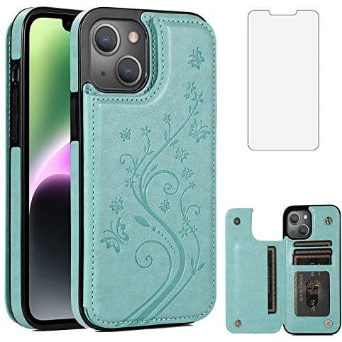 Asuwish Compatible with iPhone 15 6.1 inch Case with Tempered Glass Screen Protector and Card Holder Wallet Cover Stand Flip Leather Cell Accessories iPhone15 5G i i-Phone i15 15Case Women Men Green