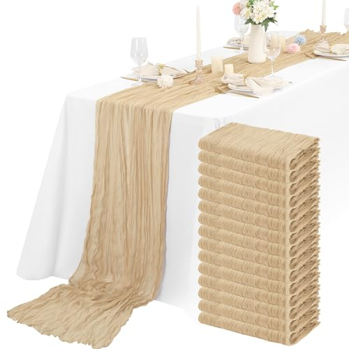 Käsetuch Tischläufer 15 Stück Beige Seihtuch Tischläufer Transluzent Tüll Tischdecke 55x400cm, Rustikaler Gaze-Stoff Boho-Tischläufer für Hochzeitsfeier Brautparty Tischdekoration