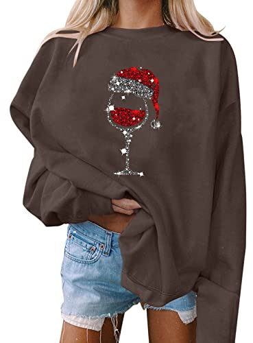 Damen Pullover, Weihnachten, Druck, O-Ausschnitt, lässiges, lockeres Sweatshirt, Rundhalsausschnitt, passende Pullover, Tops, Langarm, Workout-Shirts Schnorchel Shirt Damen (Coffee, XXL)