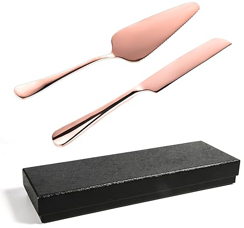 2 Piezas Juego de Cuchillos para Pastel, Acero Inoxidable Juego de Corte de Tarta con Caja Negra Juego de Cortadores de Tartas para Bodas Cumpleaños Celebraciones (Oro Rosa)