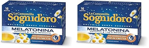 Camomilla Sogni d'oro solubile con melatonina, 16 Filtri, senza zuccheri e glutine, immediatamente solubile, facile da preparare, sonno rapido. (Confezione da 2)