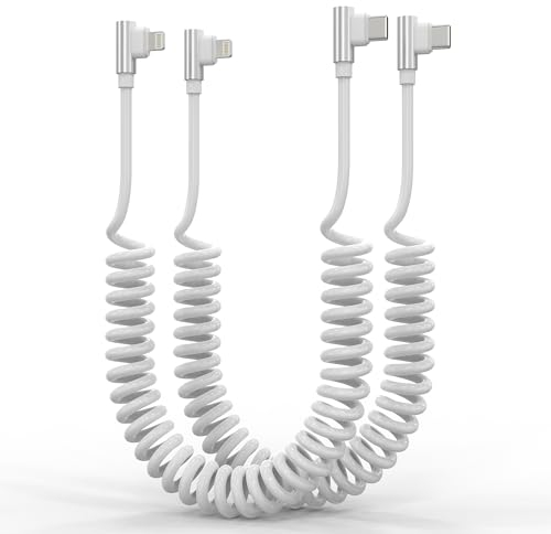 Paquete de 2 Cable Lightning Coche en Espiral de 90 Grados PD27W, Certificado Aple Carplay y MFi, PD27W Retráctil para iPhone con Transmisión de Datos,Cable de carga de iPhone para iPhone/iOS, Blanco