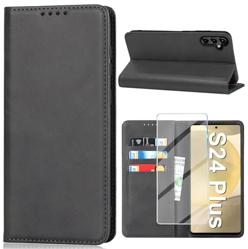 Vaki Handyhülle für Samsung Galaxy S24 Plus 5G Hülle mit Schutzfolie, Schutzhülle S24 Plus PU Leder Wallet Kartenfach Ständer Kameraschutz Klapphülle Lederhüllen Case Samsung S24 Plus Cover (Schwarz)