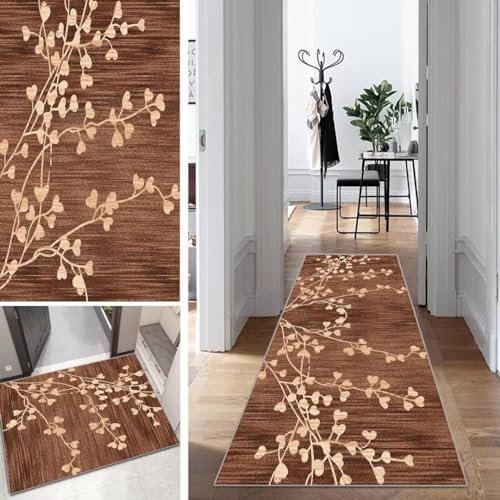 Mogetal Braun Läufer Teppich Lang Vintage Flur Läufer rutschfest Waschbar 80x400cm Modern Blattmuster Dauerhaft Läuferteppich TeppichLäufer Küchen Korridor Polyester Anpassbar Meterware