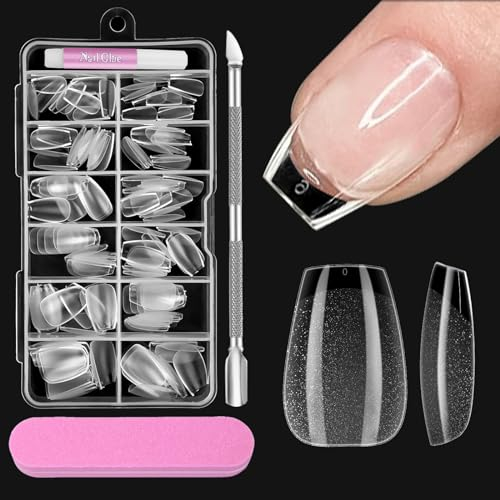 Cercueil Capsules Ongles Court, Venares 120 Pièces Capsule Americaine Ongle Court 12 Tailles Faux Ongles Carré avec Colle, Blocs de Polissoirs Ongles, Pousse-cuticules, Kit Capsule Ongle Gel