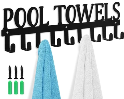 Qmetalart Pool Towels Hook Metal Towel Hanger Outdoor Hot Tub Towel Rack Wall Mount 9 Hook Holder for Bath Towel Robe Swimsuit Coat Beach Towel Bag Keys
