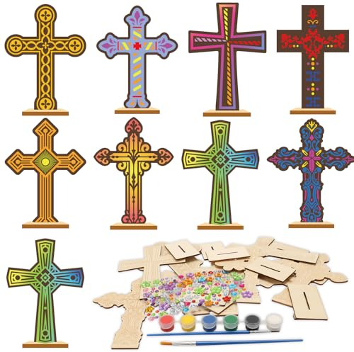 DKINY 9stk Kreuze aus Holz Christliche Kreuz Holzbastelset für Kinder Kreuze zum Aufstellen zum Basteln & Bemalen Ostern Kreativsets Bastelbedarf DIY Holzkreuz Osterbasteln Geschenk für Junge Mädchen
