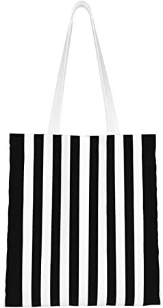 Bolsa de lona a rayas blancas y negras, resistente, de algodón, para bolsas de comestibles reutilizables, compras, comestibles, escuela, gimnasio, Black, Talla única