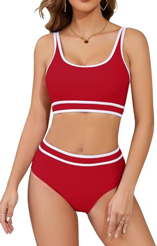 SHEKINI Speed Bikini Set Femmes Deux Pièces Maillot de Bain Sport Femme Bikini Bikini Natation Sport 2 Pièces Bustier Piscine, Rouge + blanc., L