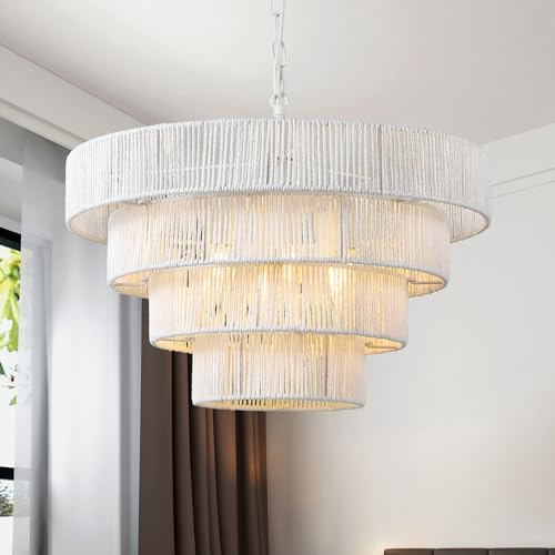 Schindora Rattan Lampe Boho,50Cm Pendelleuchte 6-Leichter Lampenschirm HäNgelampe Handgewebt 4 Runde ÜBergangs-Rustikal GroßEr HäNgelampe Deckenlampe FüR Esstisch Wohnzimmer KüChe Schlafzimmer,Weiß