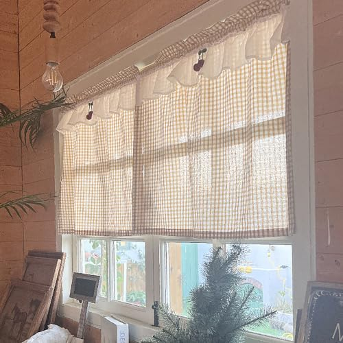LNGFSH Gardine Scheibengardinen Kurzstores Gelb Kariert Gingham Muster Bauernhaus Kurzvorhang Kurzgardinen Küchengardine Küchenvorhang Volants Küche Fenster Kurz Stores (BxH 65x170cm)
